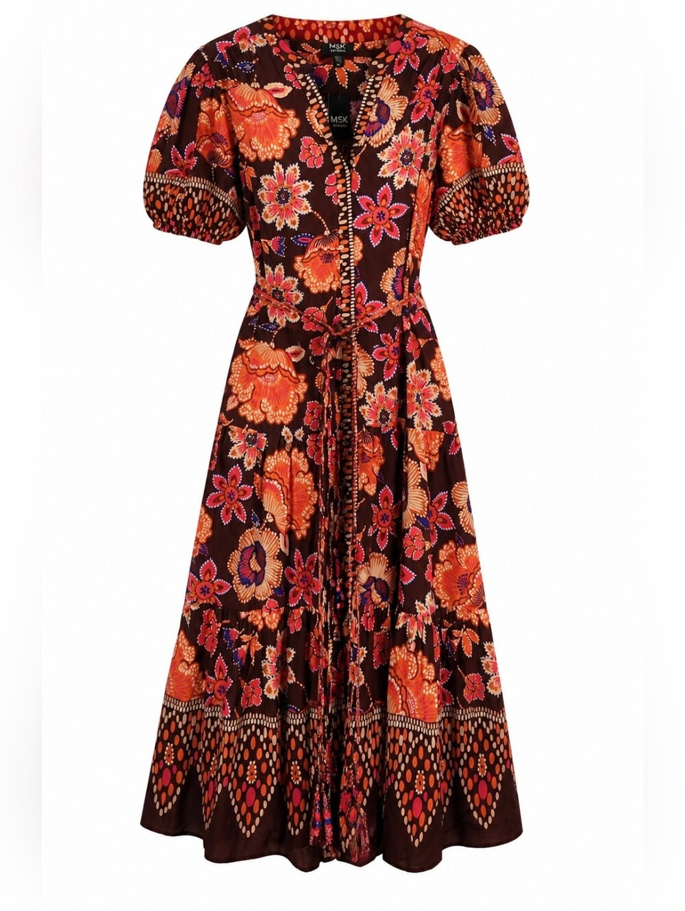MSK Women's Challis Button Front Brown & Orange Floral Maxi Dress Size 1X NWT